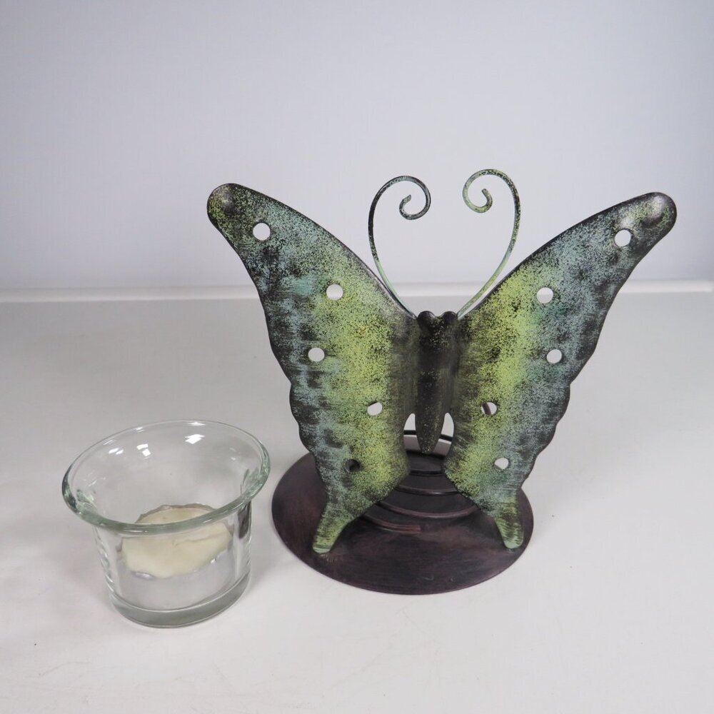 Metal Green Butterfly w Glass Tea Light Holder Votive
